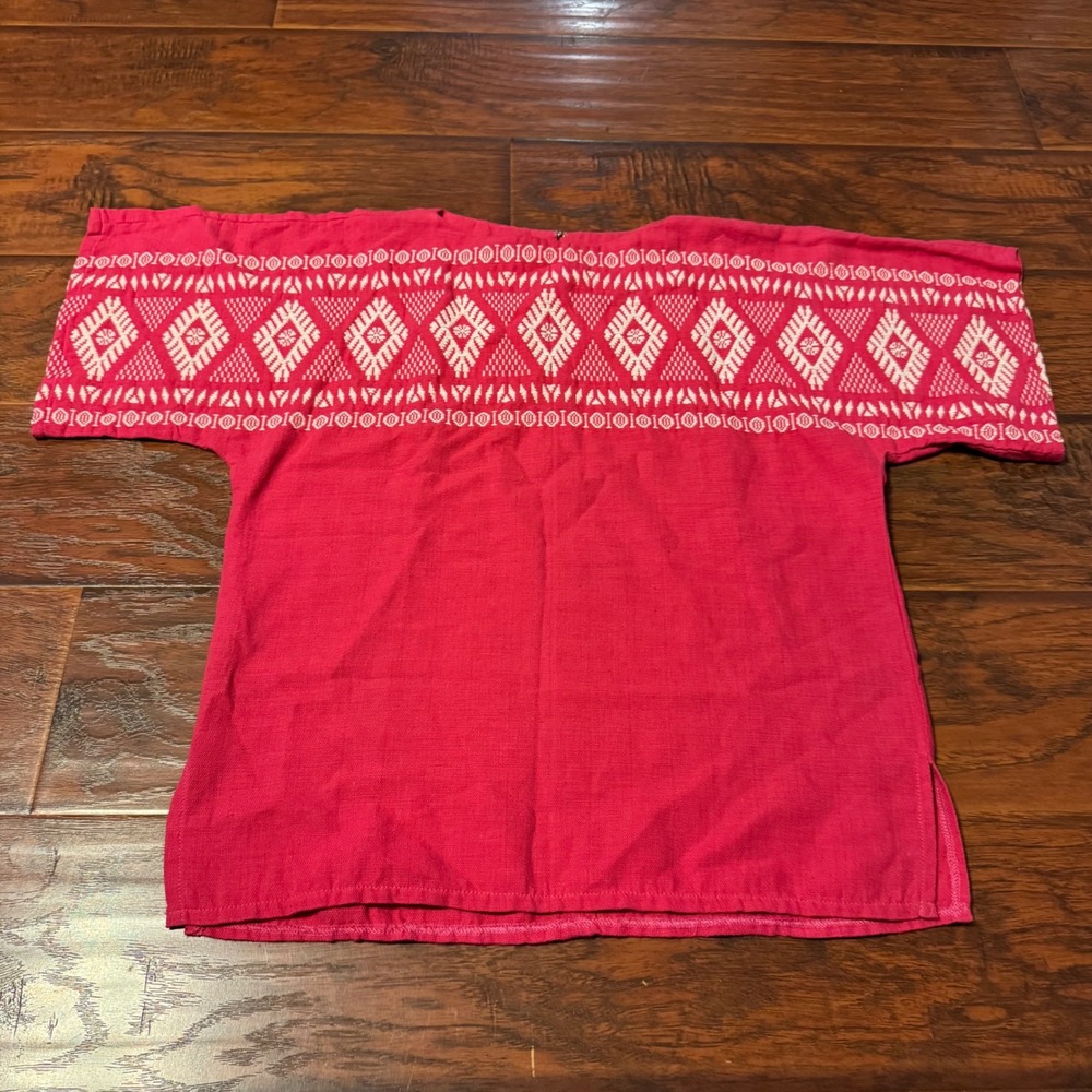 Boho Ethnic Guatemalan Pink Hand Woven Cotton Top Womens Size Small Diamond